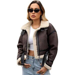 Women Faux Lamb Fur Leather Short Jacket Lapel Zipper Bomber Aviator Coat Maroon